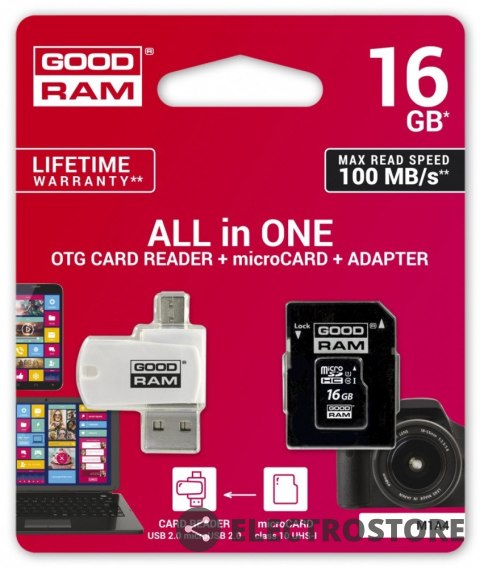 GOODRAM Karta microSDHC 16GB CL10 + adapter + czytnik