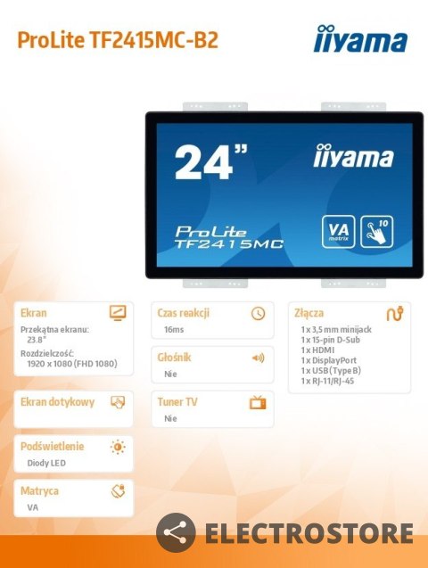 IIYAMA Monitor 24 TF2415MC-B2 pojemnościowy 10PKT, pianka, HDMI, DP IIYAMA Monitor 24 TF2415MC-B2 pojemnościowy 10PKT, pianka, HDMI, DP