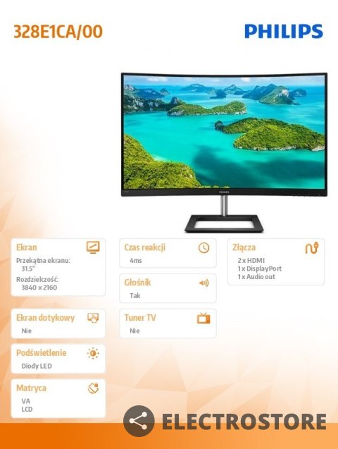 Philips Monitor 328E1CA 31.5 cala Curved VA 4K HDMIx2 DP Philips Monitor 328E1CA 31.5 cala Curved VA 4K HDMIx2 DP