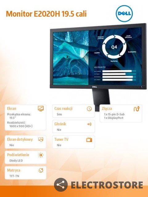 Dell Monitor E2020H 19.5 cali LED TN (1600x900) /16:9/VGA/DP 1.2/3Y PPG Dell Monitor E2020H 19.5 cali LED TN (1600x900) /16:9/VGA/DP 1.2/3Y PPG