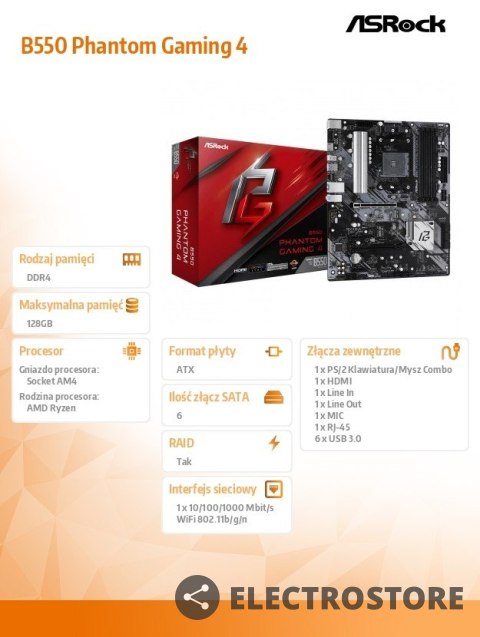 ASRock Płyta główna B550 Phantom Gaming 4 AM4 4DDR4 HDMI M.2 ATX ASRock Płyta główna B550 Phantom Gaming 4 AM4 4DDR4 HDMI M.2 ATX