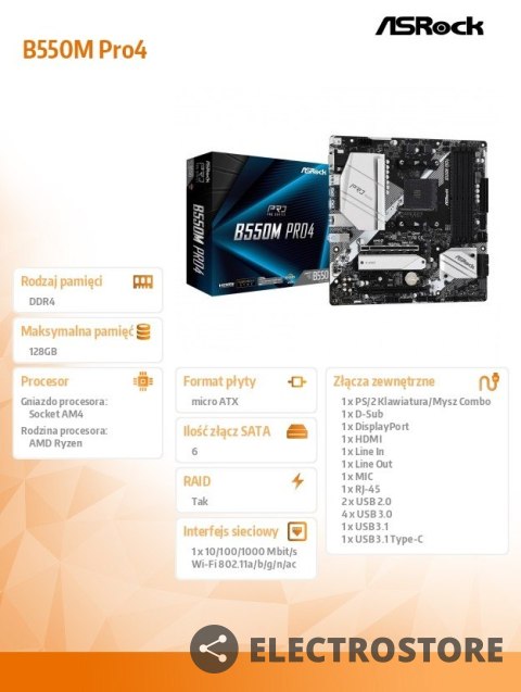 ASRock Płyta główna B550M Pro4 AM4 4DDR4 HDMI/DP/D-SUB M.2 mATX ASRock Płyta główna B550M Pro4 AM4 4DDR4 HDMI/DP/D-SUB M.2 mATX