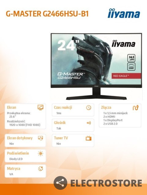 IIYAMA Monitor 23.6 cale G2466HSU-B1,FHD,VA,165HZ,1500R,1MS,DP,HDMIx2,USBx2 IIYAMA Monitor 23.6 cale G2466HSU-B1,FHD,VA,165HZ,1500R,1MS,DP,HDMIx2,USBx2