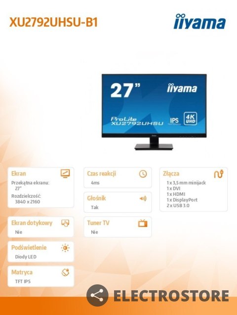 IIYAMA Monitor 27 cala XU2792UHSU-B 4K,IPS,USB,DP,HDMI,DVI,PIP IIYAMA Monitor 27 cala XU2792UHSU-B 4K,IPS,USB,DP,HDMI,DVI,PIP