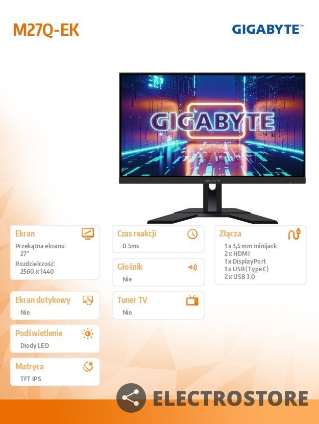 Gigabyte Monitor 27 cali M27Q GAMING 0,5ms/1MLN:1/WQHD/HDMI