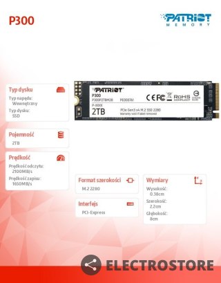 Patriot Dysk SSD P300 2TB M.2 PCIe Gen 3 x4 2100/1650