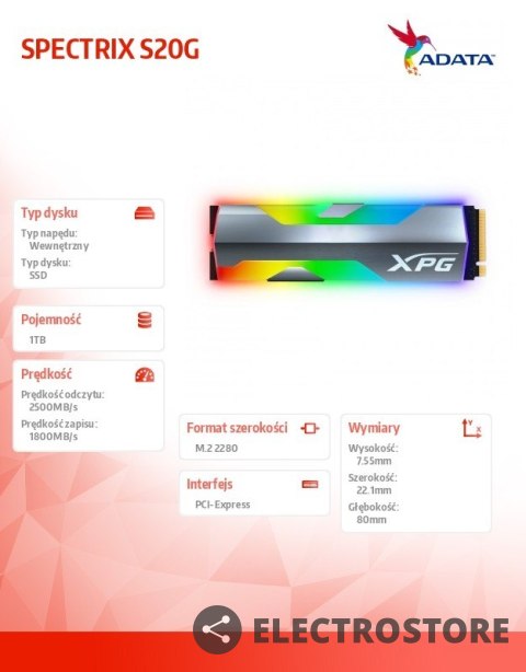 Adata Dysk SSD XPG SPECTRIX S20G 1TB PCIe Gen3x4 M2 2280