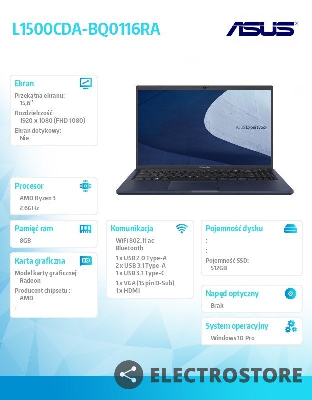 Asus Notebook ExpertBook L1500CDA-BQ0116RA R3 3250U 8/512/15/W10 akademicki ; 36 miesięcy ON-SITE NBD