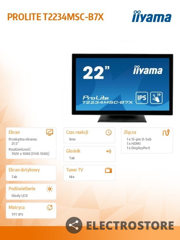 IIYAMA Monitor wielkoformatowy 21.5 cala T2234MSC-B7X POJ.10PKT.IP65,HDMI,DP,350cd,7H