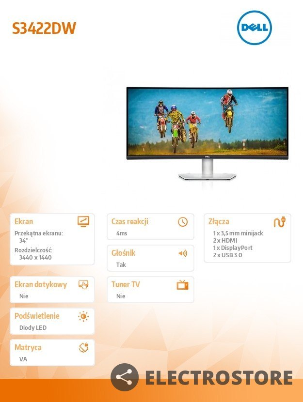 Dell Monitor S3422DW 34 cale VA LED 21:9 3440x1440/HDMI/DP/3Y Dell Monitor S3422DW 34 cale VA LED 21:9 3440x1440/HDMI/DP/3Y