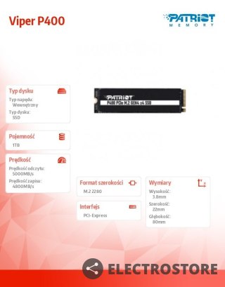Patriot Dysk SSD 1TB Viper P400 5000/4800 MB/s M.2 Gen4 x4 NVMe 1.3