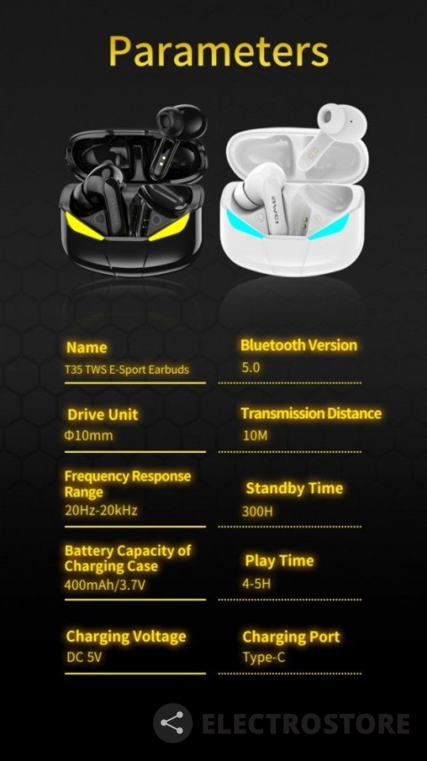 AWEI Słuchawki Bluetooth 5.0 T35 TWS + Stacja dokująca -Dla Graczy- czarne AWEI Słuchawki Bluetooth 5.0 T35 TWS + Stacja dokująca -Dla Graczy- czarne