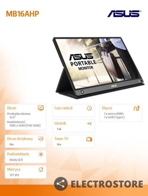 Asus Monitor 15.6 cala MB16AHP IPS FHD mHdmi USB-C Głośnik bateria 4h pracy Asus Monitor 15.6 cala MB16AHP IPS FHD mHdmi USB-C Głośnik bateria 4h pracy
