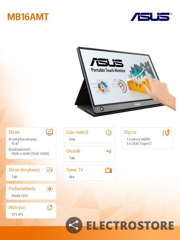 Asus Monitor MB16AMT 15.6 cala FHD IPS Dotyk 5ms MicroHDMI USB-C Głośnik 0.9kg