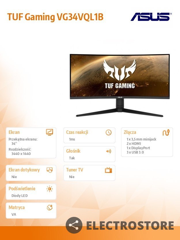 Asus Monitor 34 cale VG34VQL1B UWQHD 21:9 1500R 165Hz 1MS HDMIx2 DPx2 USB3.1x4 Głośnik PBP PIP Asus Monitor 34 cale VG34VQL1B UWQHD 21:9 1500R 165Hz 1MS HDMIx2 DPx2 USB3.1x4 Głośnik PBP PIP