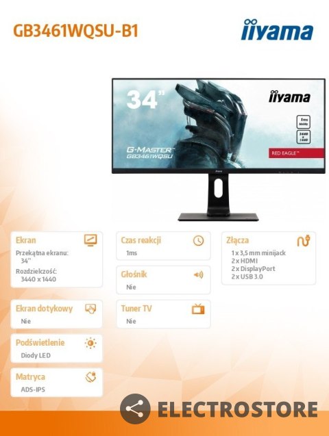 IIYAMA Monitor 34 cale GB3461WQSU-B1 IPS,UWQHD,144HZ,1MS,USB3.0,2xHDMI,2xDP. IIYAMA Monitor 34 cale GB3461WQSU-B1 IPS,UWQHD,144HZ,1MS,USB3.0,2xHDMI,2xDP.