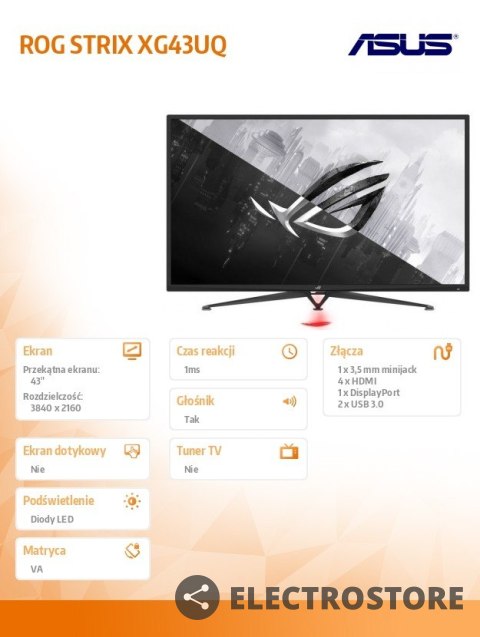 Asus Monitor 43 cale ROG STRIX XG43UQ 4K UHD 144Hz 1MS/1000cd/m2/1mln:1/ 4xHDMI/ DP/ USB3.0/ Głośnik Asus Monitor 43 cale ROG STRIX XG43UQ 4K UHD 144Hz 1MS/1000cd/m2/1mln:1/ 4xHDMI/ DP/ USB3.0/ Głośnik