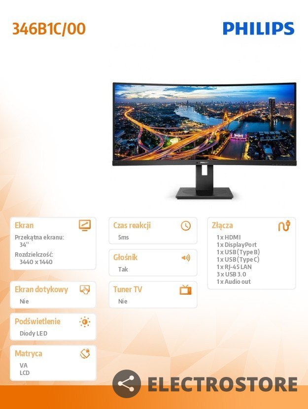 Philips Monitor 346B1C 34'' VA Curved HDMIx2 DPx2 USB-C