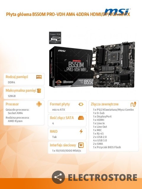 MSI Płyta główna B550M PRO-VDH AM4 4DDR4 HDMI/DP/VGA mATX MSI Płyta główna B550M PRO-VDH AM4 4DDR4 HDMI/DP/VGA mATX