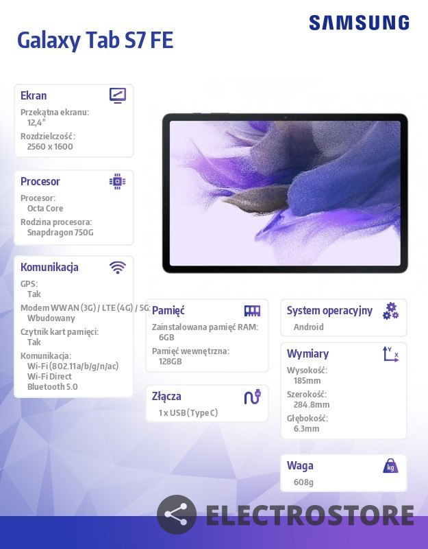 Samsung Tablet Galaxy Tab S7 FE 12,4 T736 5G 6/128GB Czarny Samsung Tablet Galaxy Tab S7 FE 12,4 T736 5G 6/128GB Czarny