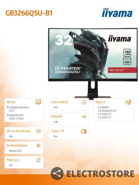 IIYAMA Monitor 31.5 cale GB3266QSU-B1 VA,QHD,144HZ,1MS,1500R,DPx,HDMIx2,USBx4 IIYAMA Monitor 31.5 cale GB3266QSU-B1 VA,QHD,144HZ,1MS,1500R,DPx,HDMIx2,USBx4