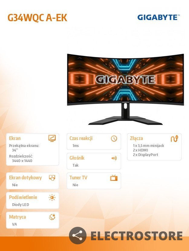 Gigabyte Monitor 34 cali G34WQC A-EK 1ms/QHD/HDMI/12mln:1/USB Gigabyte Monitor 34 cali G34WQC A-EK 1ms/QHD/HDMI/12mln:1/USB