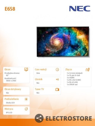 NEC Monitor wielkoformatowy 65 cala MultiSync E658 UHD 350cd/m2 16/7