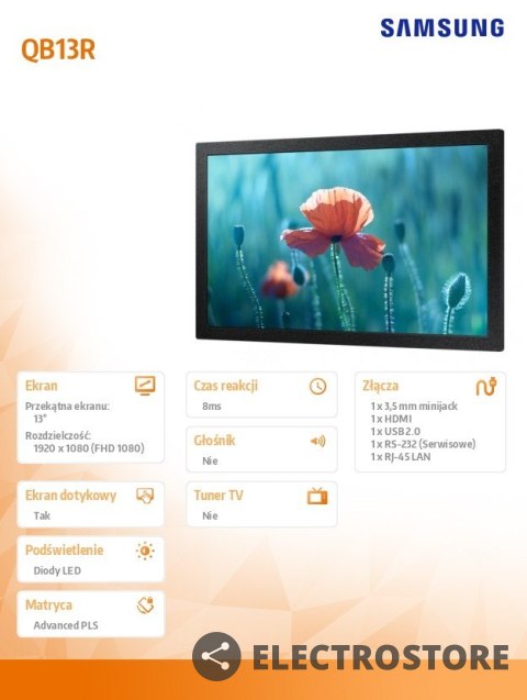 Samsung Monitor profesjonalny QB13R 13 cali Matowy 16h/7 300(cd/m2) 1920x1080 (FHD) S6 Player Wi-Fi 3 lata d2d (LH13QBREBGCXEN) Samsung Monitor profesjonalny QB13R 13 cali Matowy 16h/7 300(cd/m2) 1920x1080 (FHD) S6 Player Wi-Fi 3 lata d2d (LH13QBREBGCXEN)