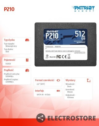 Patriot Dysk SSD 512GB P210 520/430 MB/s SATA III 2.5