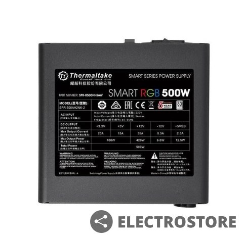 Thermaltake Smart 500W RGB (80+ 230V EU, 2xPEG, 120mm, Single Rail) Thermaltake Smart 500W RGB (80+ 230V EU, 2xPEG, 120mm, Single Rail)