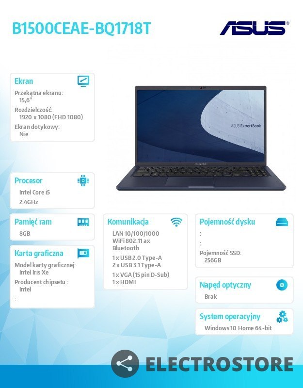 Asus Notebook Asus B1500CEAE-BQ1718T i5 1135G7 8/256/iris/15.6 FHD/W10 Home 36 miesięcy ON-SITE NBD