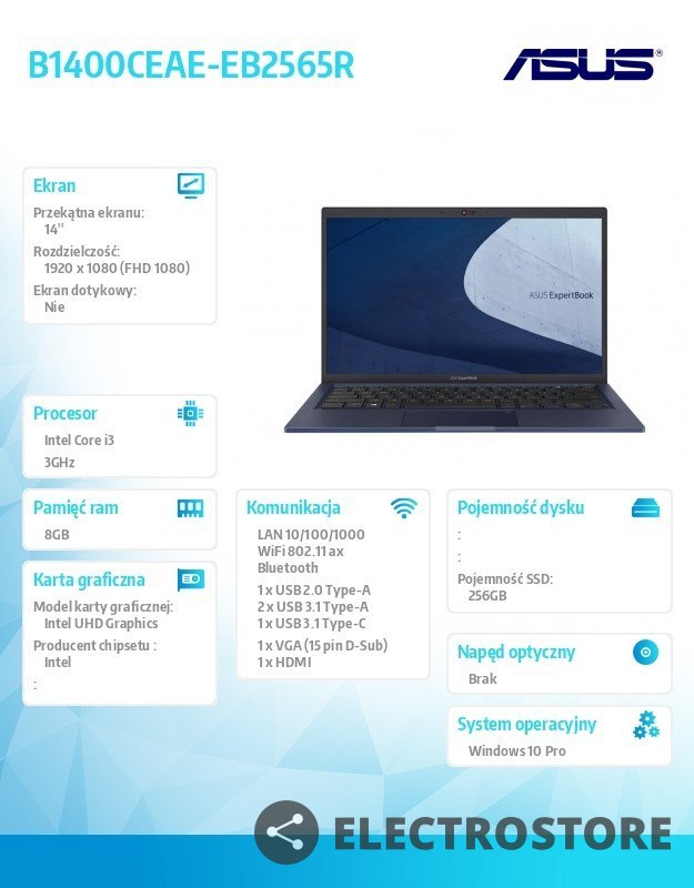 Asus Notebook Asus ExpertBook B1400CEAE-EB2565R i3-1115G4 8/256/integr/14" FHD/W10 PRO 36 miesięcy ON-SITE NBD