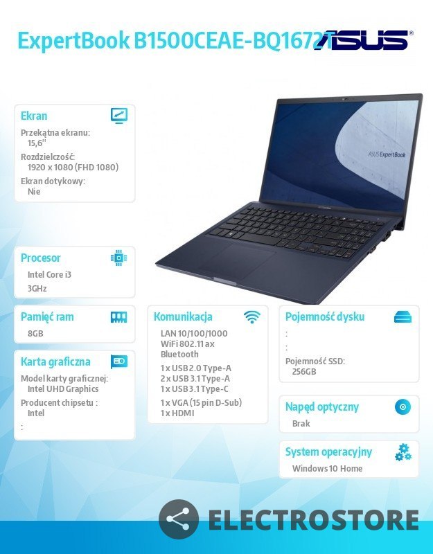 Asus Notebook Asus ExpertBook B1500CEAE-BQ1672T i3 1115G4 8/256/int/15.6 FHD/W10 Home 36 miesięcy ON-SITE NBD