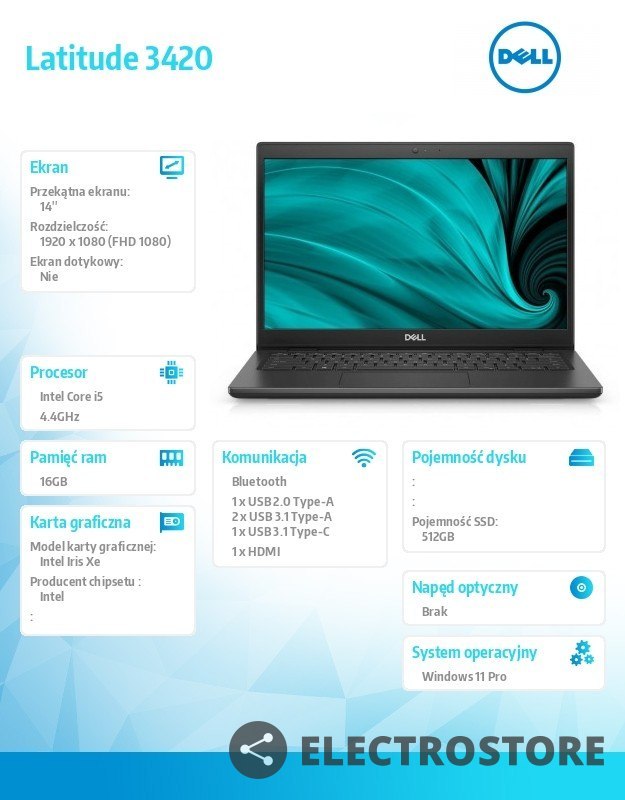 Dell Notebook Latitude 3420 Win11Pro i5-1145G7/16GB/512GB SSD/14.0" FHD/Intel Iris Xe/FgrPr/Cam & Mic/WLAN + BT/Backlit Kb/4 Cell/3Y 