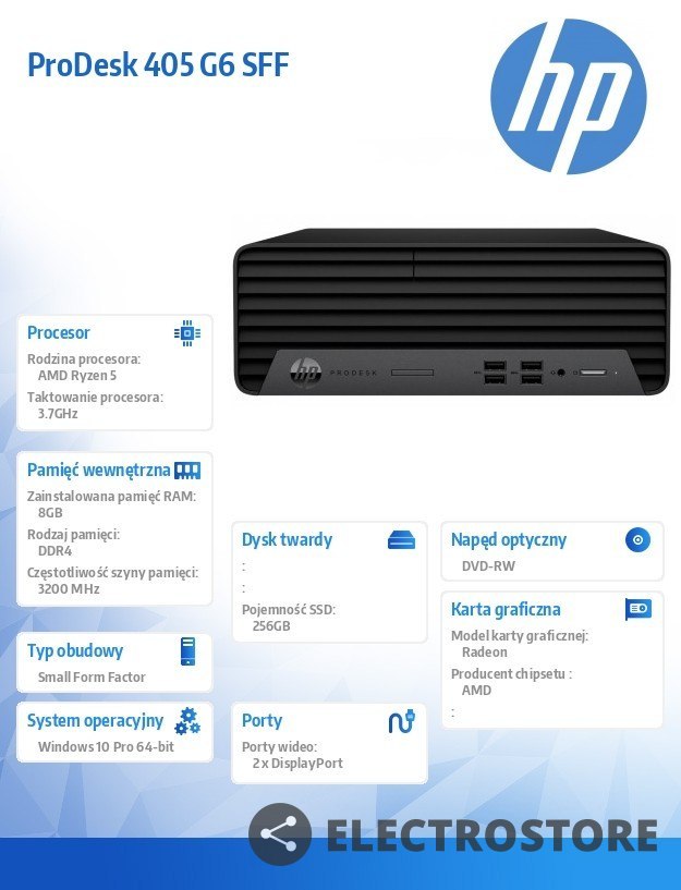 HP Inc. Komputer ProDesk 405 G6 SFF R5-4650 256/8GB/DVD/W10P 293W7EA