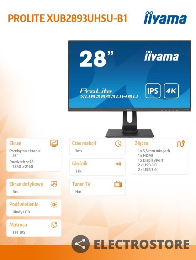 IIYAMA Monitor 28 cali XUB2893UHSU-B1 IPS,USB3.0,HDMI,DP,4K,3ms,300cd