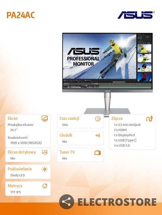 Asus Monitor 24 cale PA24AC ProArt WUXGA IPS 100% sRGB 1200cd/m2 500:1 HDMI USB-C DP PIVOT Głośnik PIP PBP