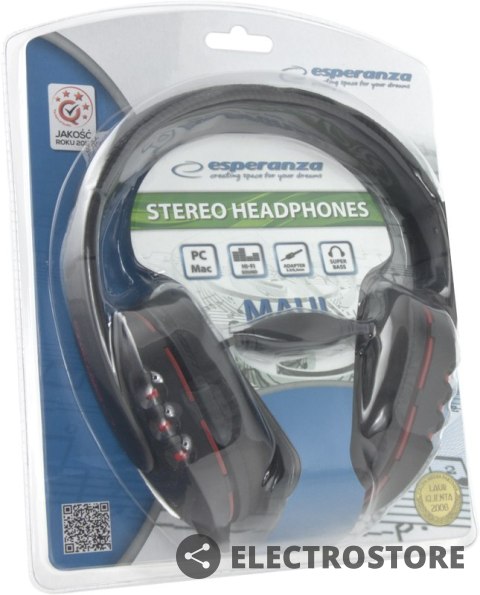 Esperanza SŁUCHAWKI AUDIO STEREO Z REGULACJĄ GŁOŚNOŚCI EH142K MAUI CZARNE Esperanza SŁUCHAWKI AUDIO STEREO Z REGULACJĄ GŁOŚNOŚCI EH142K MAUI CZARNE