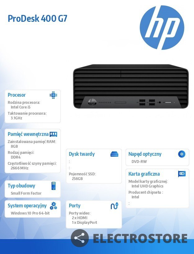 HP Inc. Komputer ProDesk 400SFF G7 i5-10500 256/8G/DVD/W10P 11M44EA