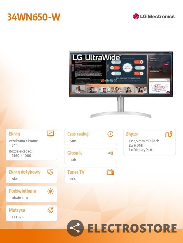 LG Electronics Monitor 34WN650-W IPS Ultra Wide 400cd/m2 2560x1080 LG Electronics Monitor 34WN650-W IPS Ultra Wide 400cd/m2 2560x1080
