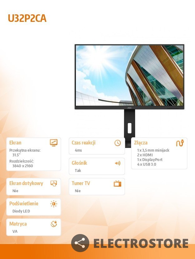 AOC Monitor U32P2CA 31.5 cali VA 4K HDMIx2 DP USB-C Pivot AOC Monitor U32P2CA 31.5 cali VA 4K HDMIx2 DP USB-C Pivot