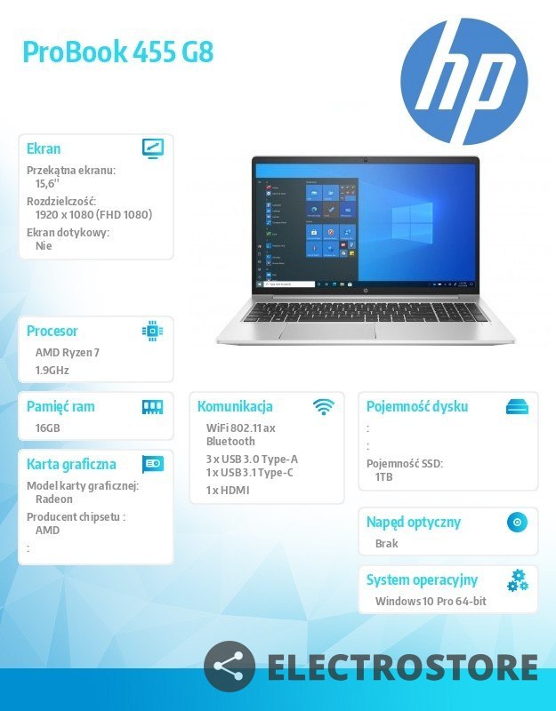 HP Inc. Notebook ProBook 455 G8 R7-5800U 1TB/16/15,6/W10P 32N00EA