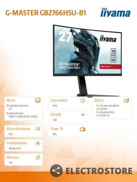 IIYAMA Monitor 27 cali GB2766HSU-B1 VA,165HZ,1500R,1MS,DP,HDMIx2,USB,FreeSyn IIYAMA Monitor 27 cali GB2766HSU-B1 VA,165HZ,1500R,1MS,DP,HDMIx2,USB,FreeSyn