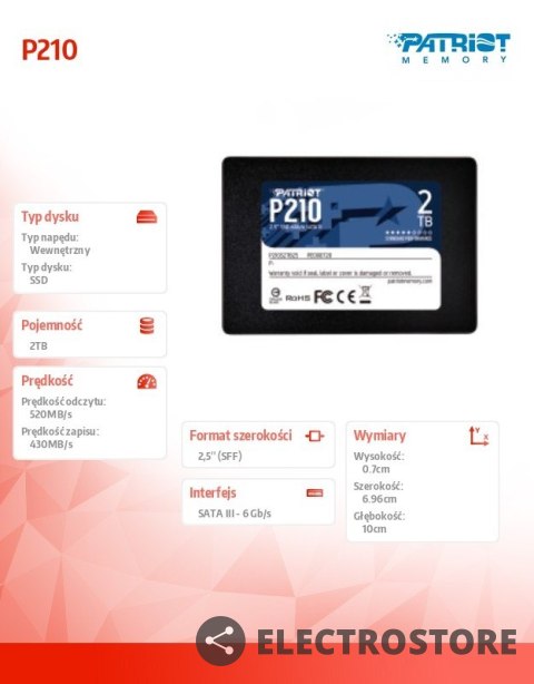 Patriot Dysk SSD 2TB P210 520/430 MB /s SATA III 2.5 Patriot Dysk SSD 2TB P210 520/430 MB /s SATA III 2.5
