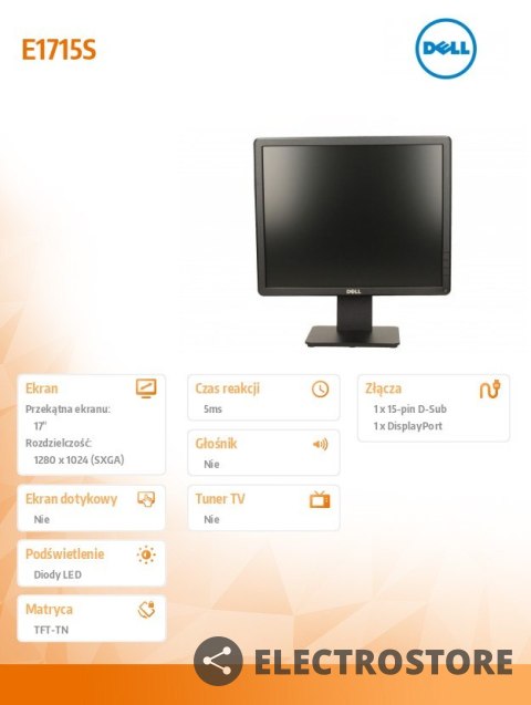 Dell Monitor E1715S 17 cali LCD TN (1280x1024)/5:4/VGA/DP/3Y PPG Dell Monitor E1715S 17 cali LCD TN (1280x1024)/5:4/VGA/DP/3Y PPG