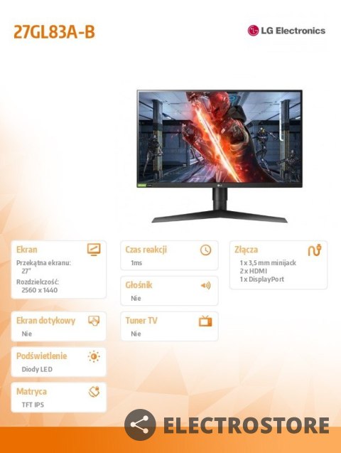 LG Electronics Monitor 27GL83A-B 27 cali IPS QHD 144Hz G&FSync Comp. LG Electronics Monitor 27GL83A-B 27 cali IPS QHD 144Hz G&FSync Comp.