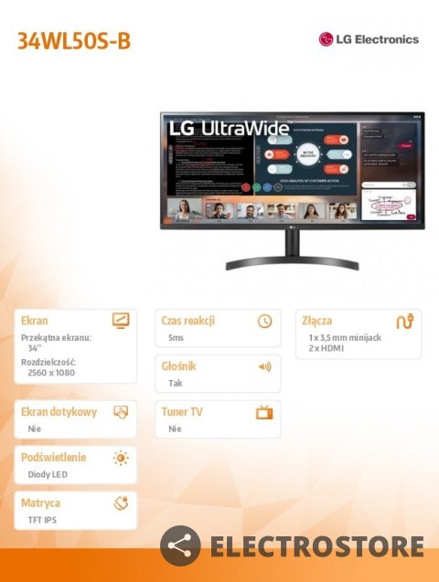 LG Electronics Monitor 34 cale 34WL50S-B 21:9 IPS HDR10 FreeSync LG Electronics Monitor 34 cale 34WL50S-B 21:9 IPS HDR10 FreeSync