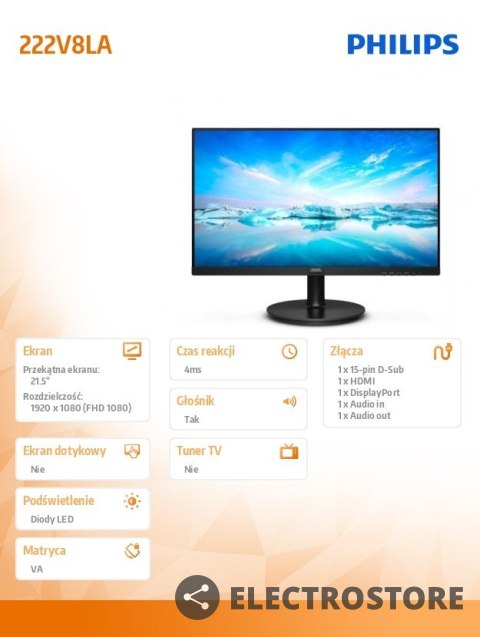 Philips Monitor 222V8LA 21.5 cala VA HDMI DP Głośniki Philips Monitor 222V8LA 21.5 cala VA HDMI DP Głośniki