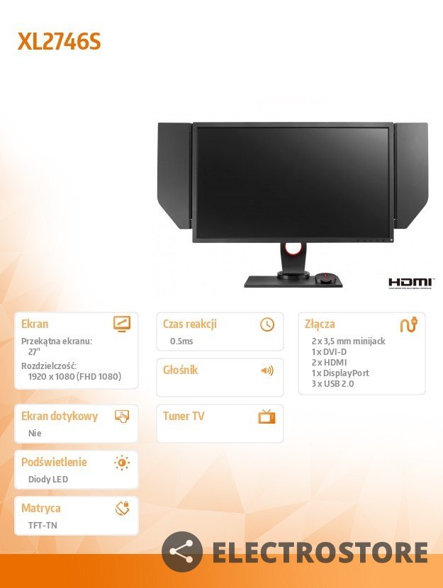 ZOWIE Monitor gamingowy XL2746S LED 1ms/TN/12mln:1/HDMI/DVI