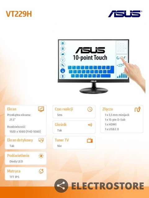 Asus Monitor 21.5 cala VT229H FHD IPS Dotyk 10P HDMI D-SUB USB Głośnik Asus Monitor 21.5 cala VT229H FHD IPS Dotyk 10P HDMI D-SUB USB Głośnik